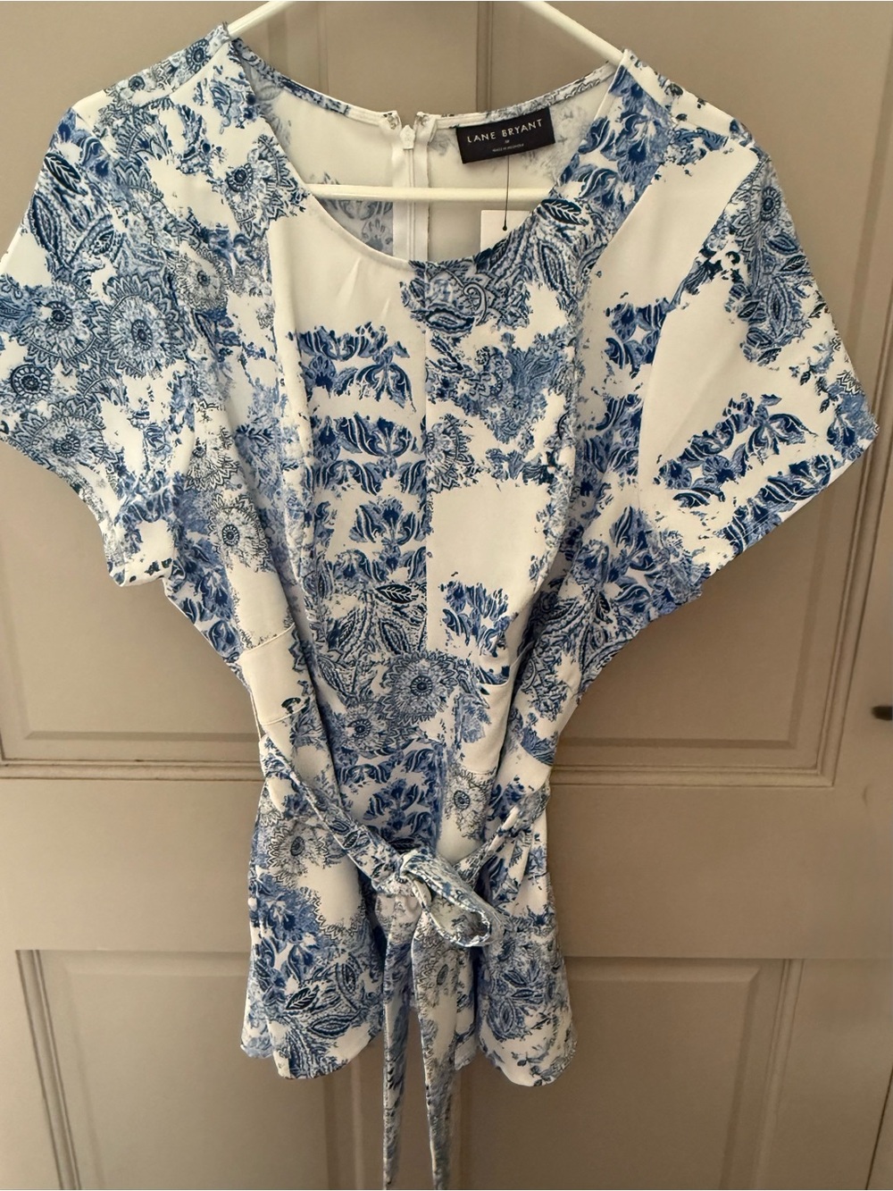Lane Bryant White and Blue Floral Tie-Waist Top